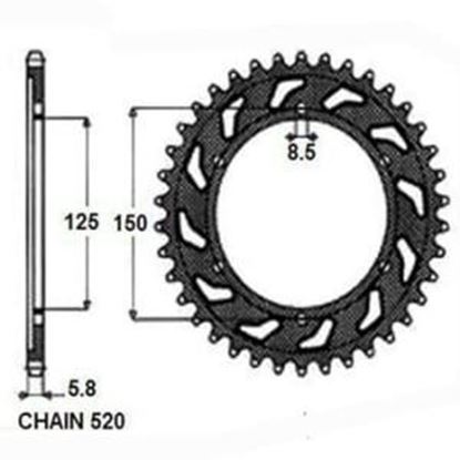 Снимка на Заден ПИНЬОН тип верига: 520, брой зъби: 43 HUSABERG FC, FE, FS, FX, TE; KTM DUKE, EGS, ENDURO, EXC, EXC-F, GS, LC2, LC4, LS, MX, MXC, SMC, SMR, SUPERMOTO, SX, SX-F 125-690 1985-2012