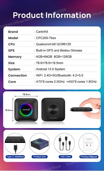 Снимка на Tbox LED - Carlinkit Android 13.0 AI Box - Безжичен Carplay & Android Auto Adapter