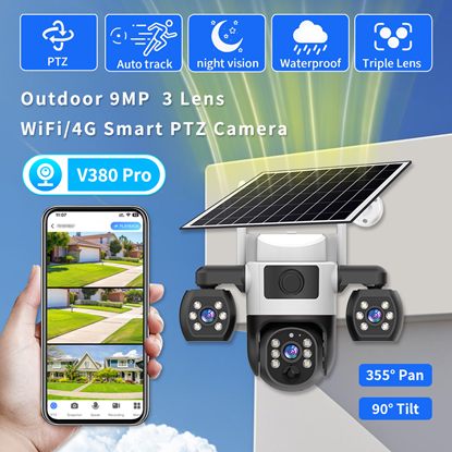 Picture of 9MP V380 външна домашна камера безжична WiFi дистанционна триобективна HD интелигентна слънчева камера