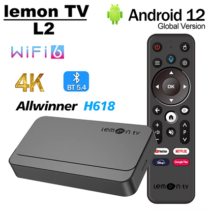 Picture of Lemon TV L2 Android 12 ТВ БОКС Allwinner H618 Quad 2GB16GB 4K WiFi6 Гласово дистанционно управление YouTube Lemon TV приложение Медиен плейър