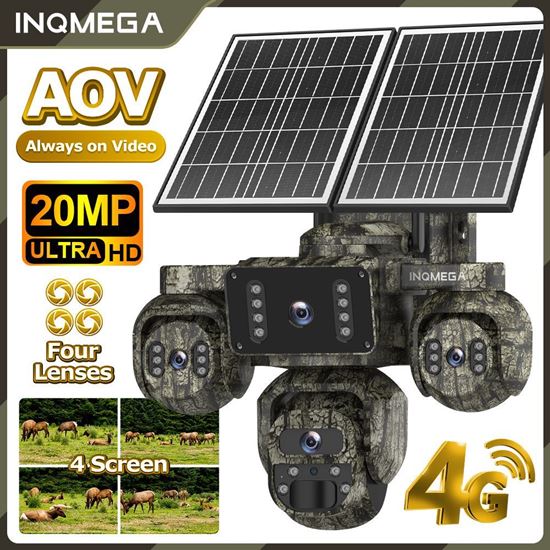 Снимка на ъншна соларна камера (4G 20 MP) с 4-екранен изглед, денонощен запис, PIR засичане на хора, водоустойчивост и нощно виждане