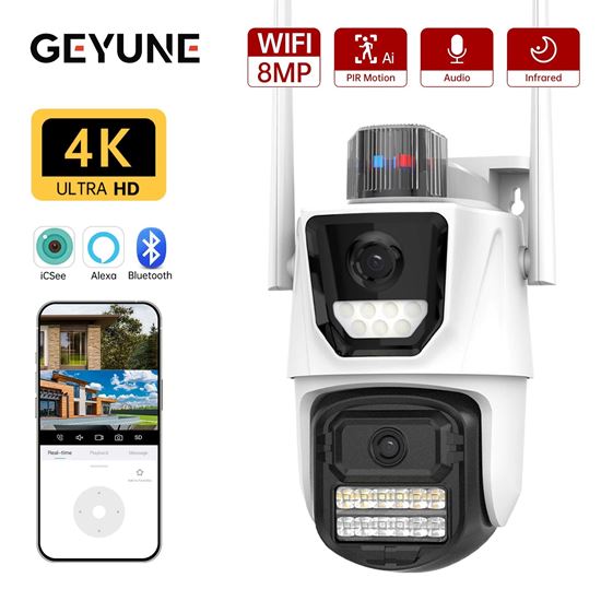 Снимка на 8MP WiFi IP камера с два обектива, 4K HD, два екрана, PTZ, автоматично проследяване, охранителна камера за видеонаблюдение, P2P, ICSee